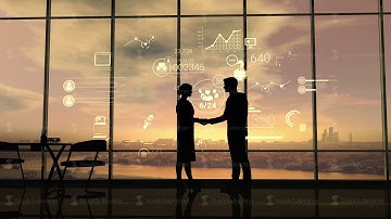 Business partners shake hands on the background of corporate infographics