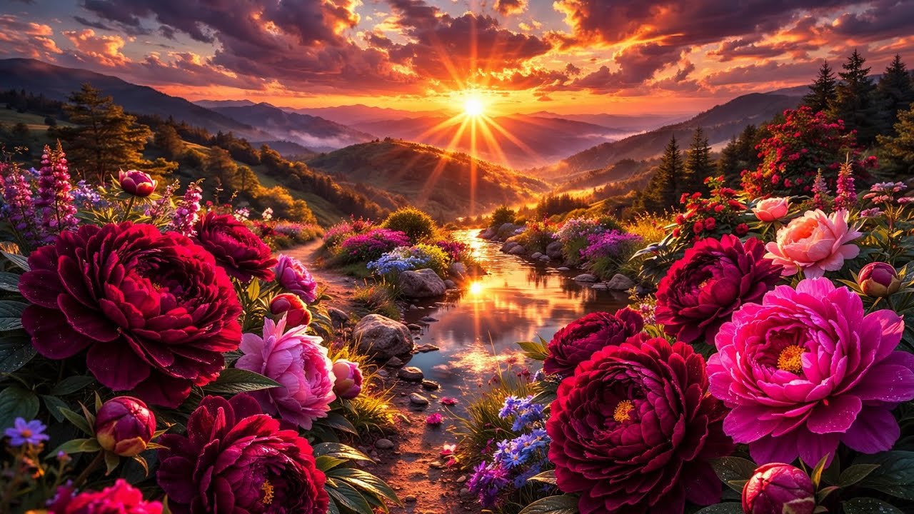 2 HOURS Sunset Flower Valley | Peaceful Garden Path | Relaxing Ambient Music for Focus & Sleep