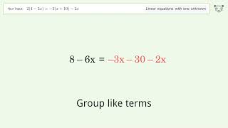 Linear equation with one unknown: Solve 2(4-3x)=-3(x+10)-2x step-by-step solution