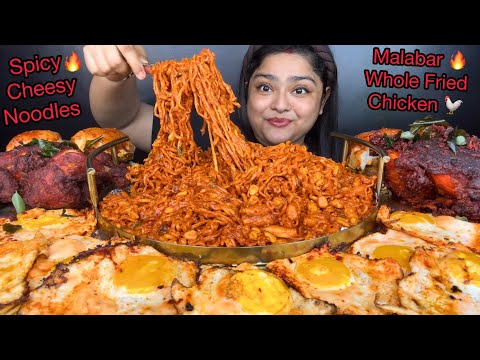 SPICY CHEESY KIMCHI NOODLES WITH CORN VIRAL CHILLI OIL EGGS MALABAR WHOLE FRIED CHICKEN MUKBANG