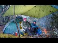 Camping in a rainstorm  forced to seek shelter  heavy rain