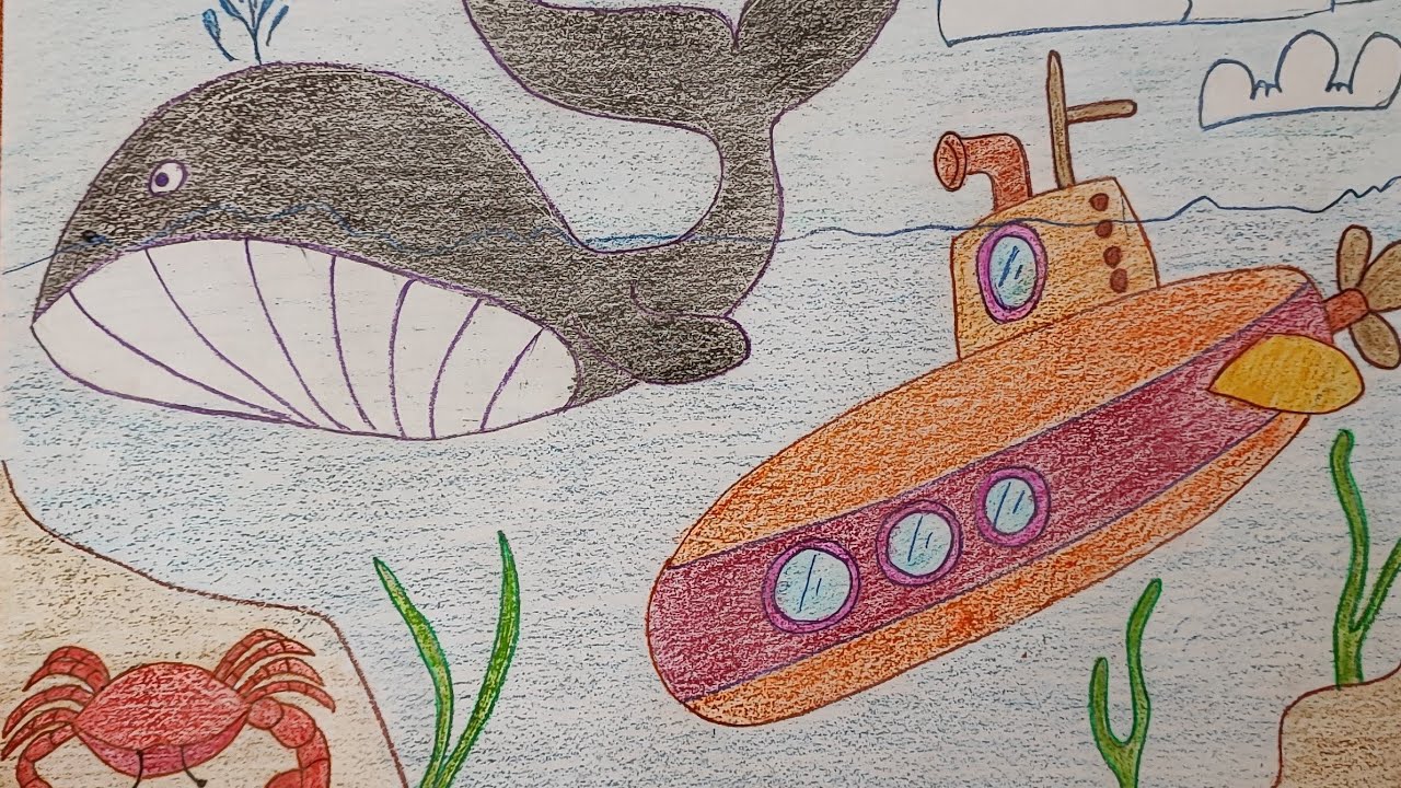 How to draw the whale and the submarine. آموزش نقاشی