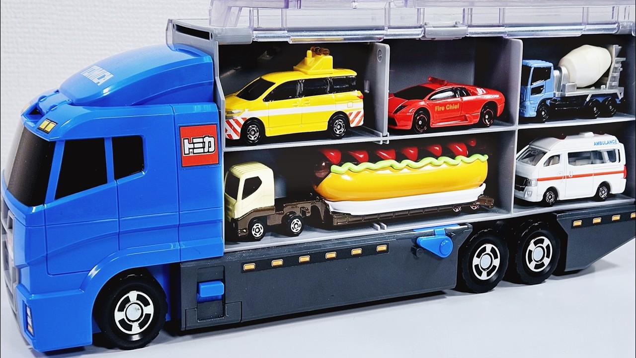トミカ開封☆はたらくくるまを坂道で走行テストからのコンボイに収納 l