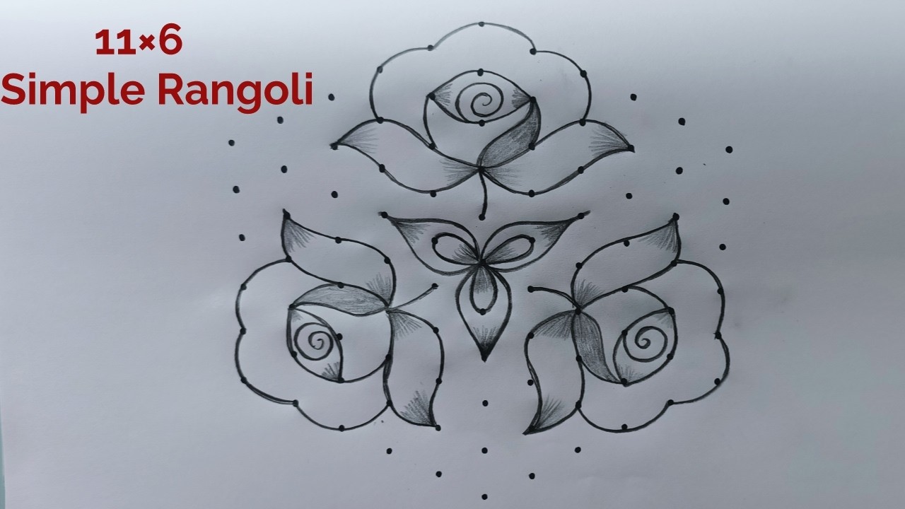 Simple Rose Rangoli Design 11×6 🌺 11 Dot Ugadi Special Muggulu 🌺 Daily Rangoli 🌺 New Rose Kolam