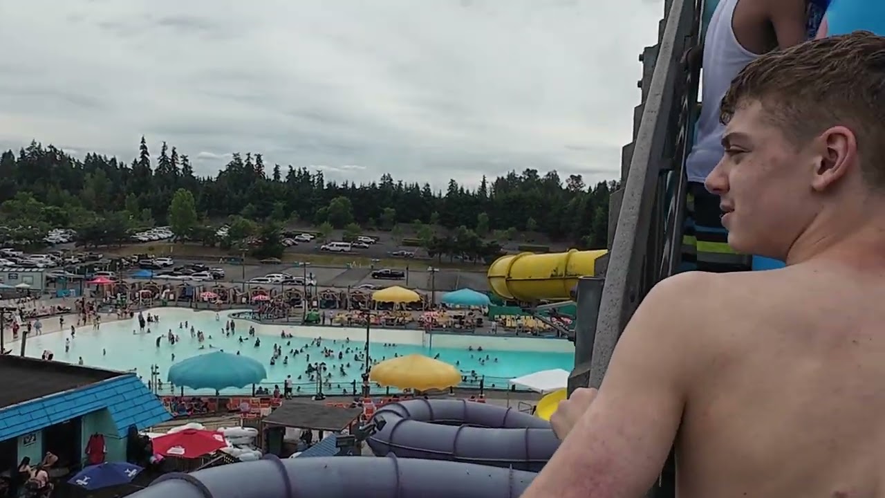 Above Kango River - Kango Slides view of Soaring Eagle Zip Line in WildWaves Theme and Water Park!