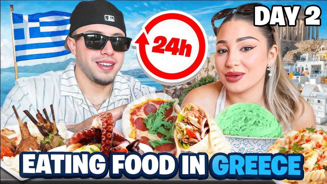 EATING FOOD IN GREECE FOR 24 HRS !! *SANTORINI, CAPITAL FIRA*