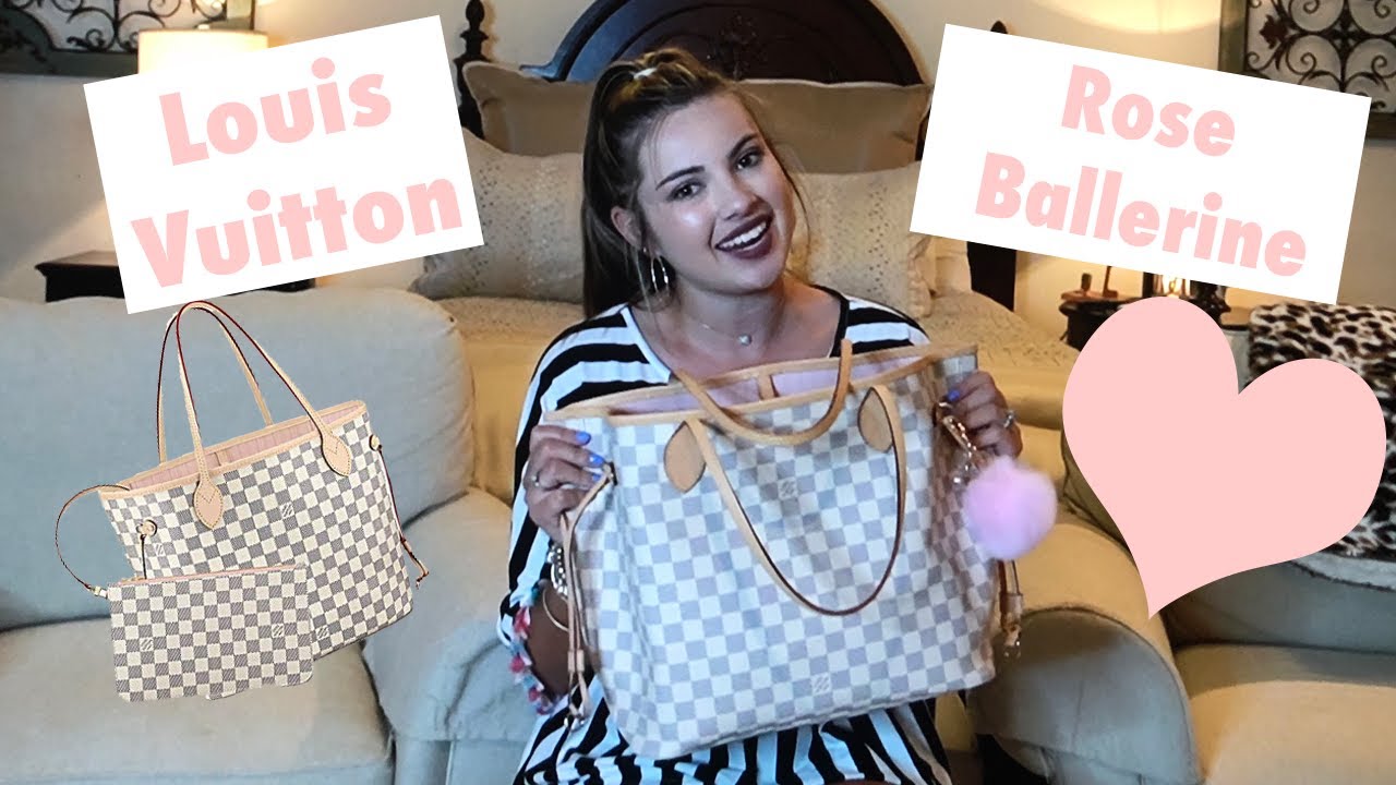 LOUIS VUITTON NEVERFULL MM REVIEW!  DAMIER AZUR WITH ROSE BALLERINA 