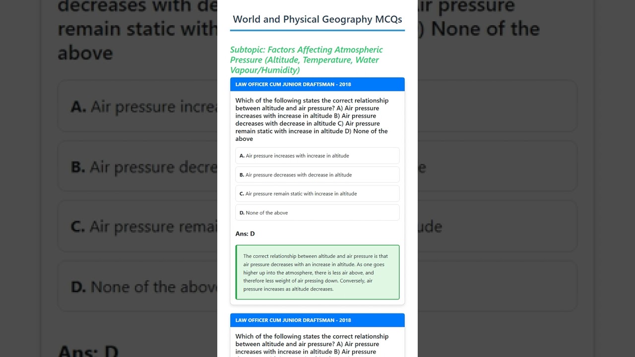 Factors Affecting Atmospheric Pressure Altitude, Temperature, Water Vapour/Humidity