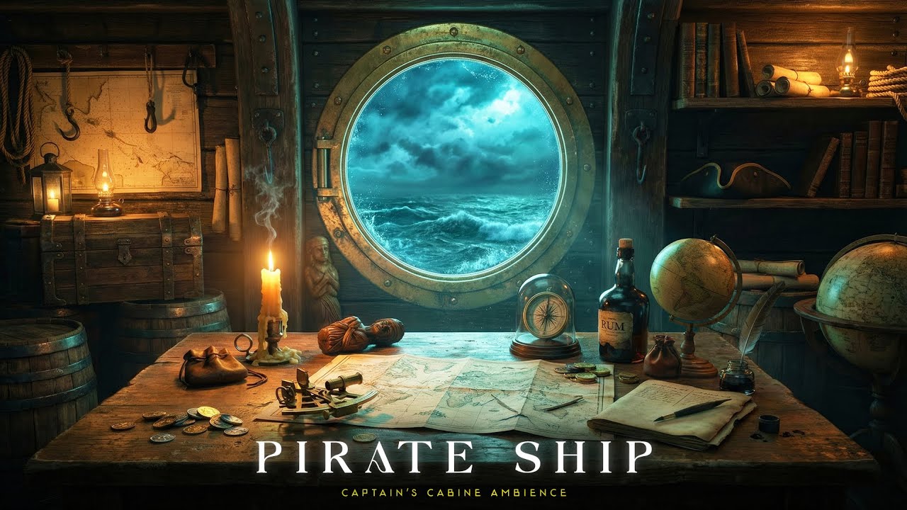 Pirate Cabin Ambience - Creaky Wooden Pirate Ship Heavy Rain & Thunderstorms - Sleep, Study, Relax