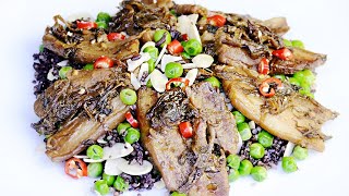Pork belly with meigan cai and green pea almond quinoa rice [gluten-free]