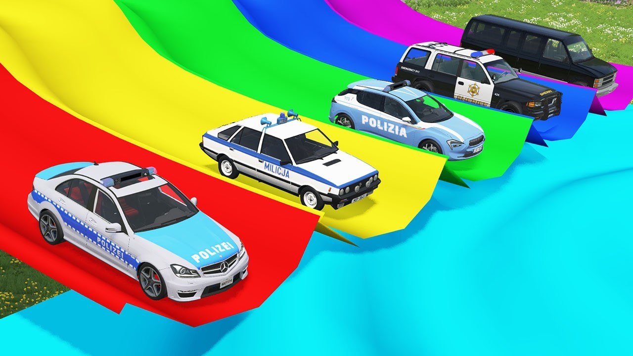 Police Cars vs Slide Color on Truck with Portal Trap  - Car vs Speed Bump vs Deep Water - Beamng