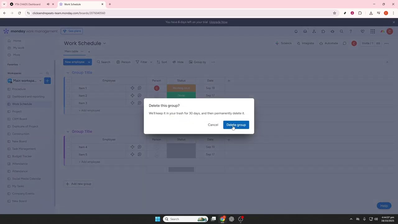 Как удалить группу Monday.com
