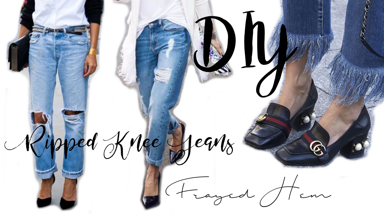 [DIY] FRAYED HEM + RIPPED KNEE JEANS - YouTube