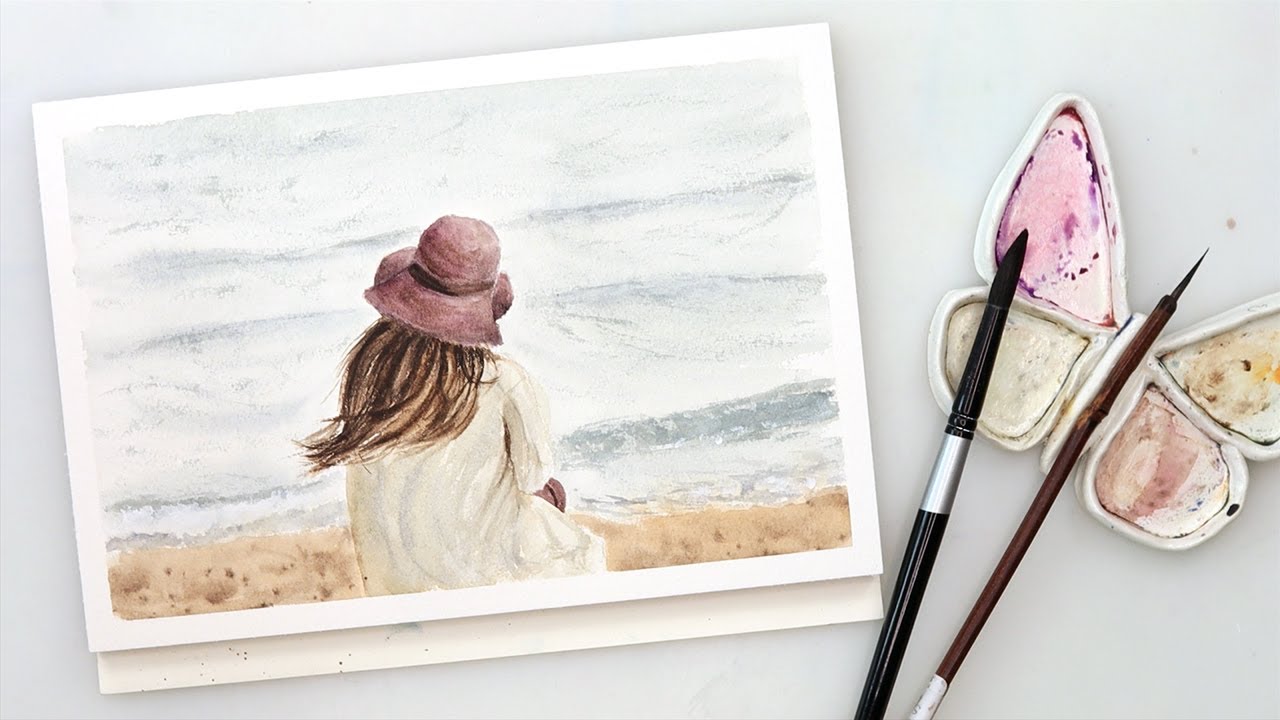 Watercolor painting - girl on the beach + FREE sketch