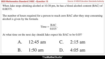 2020 Maths Standard 2 HSC Q13 Find time of day for blood alcohol content BAC to drop to 0.05