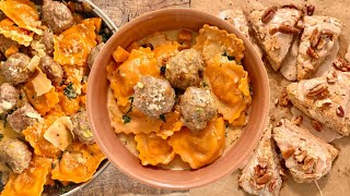 Lamb Meatballs with Butternut Squash Ragu, and Maple Pecan Scones