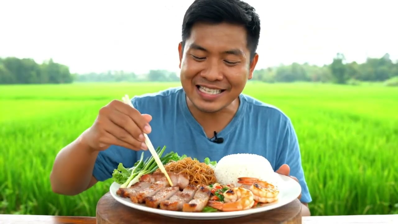 Peaceful Outdoor Lunch: Eating Spicy Seafood and Grilled Chicken in Nature