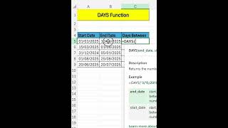 DAYS Function In Excel | Number Of DAYS In A Month #excel #learnexcel #exceltips #days #month #learn