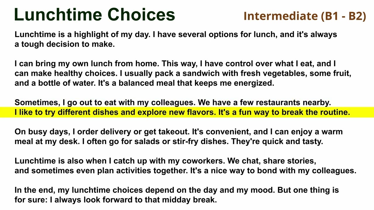 9. Lunchtime Choices (Intermediate B1-B2) - English Reading Practice