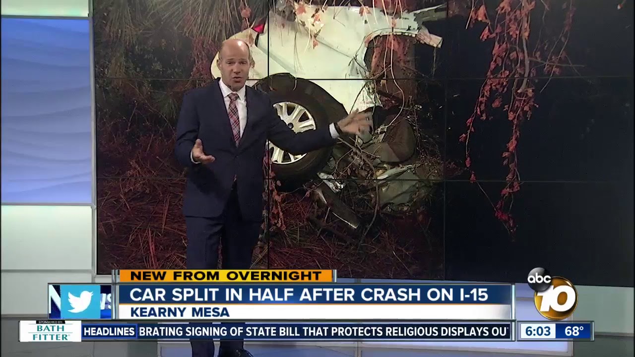 Driver rescued after car hits tree off I-15, splits in half - YouTube