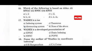 Unit V Indexing MCQ 1 to 50 of LIS for KVS, MPPSC, SET, DSSSB and other Librarian exam.