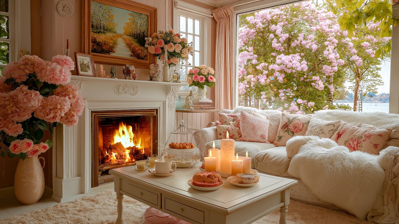 🌿 Cozy Spring Porch Relaxing Ambience 🌸 Calm Piano Music - Crackling Fireplace for Work and Study