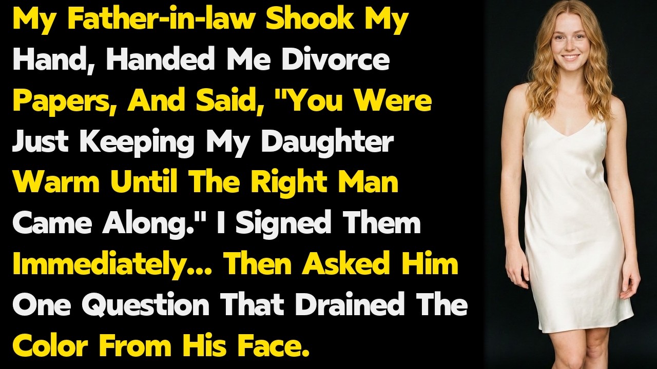 My father-in-law slid a manila envelope across the steakhouse table and smiled at me. "I think you've kept my daughter warm long enough," he said. Inside were divorce papers, already signed by my...