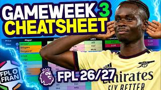 FPL GAMEWEEK 3 FINAL CHEATSHEET Fantasy Premier League