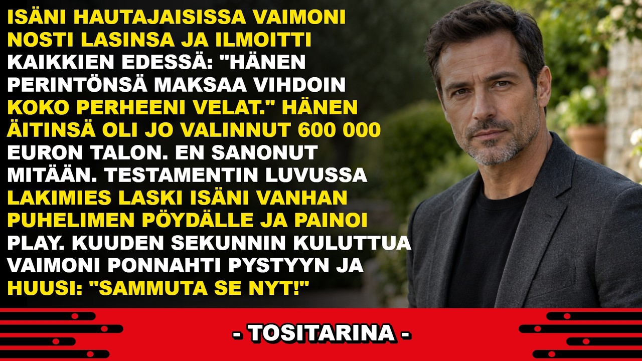 Neljä päivää isäni hautajaisten jälkeen vaimoni nosti lasillisen hänen konjakkiaan ja ilmoitti kaikkien kuullen, että perintö maksaisi vihdoin hänen sukunsa velat. Seisoin oviaukossa lautanen...