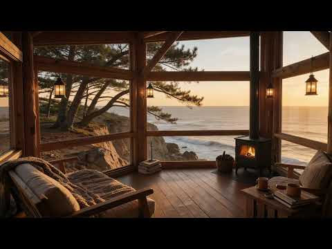 Sunset Ocean Waves ASMR 🌅 Cozy Cabin by the Sea | Deep Relaxation & Sleep