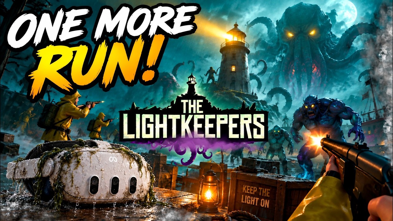 The Lightkeepers VR thumbnail showing a stormy lighthouse, giant tentacled creature, monsters, players defending the area, a Meta Quest headset and the words One More Run.