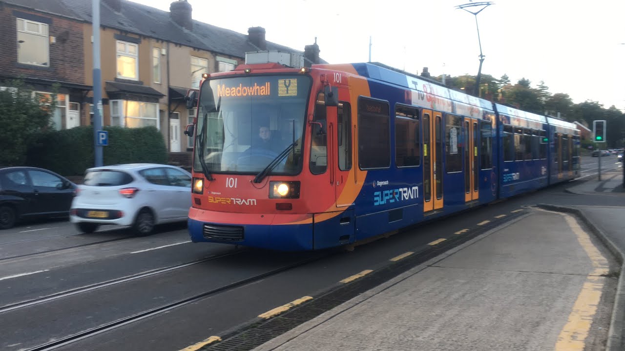 Sheffield Supertram 101 heads along Middlewood Road with a Yellow Route