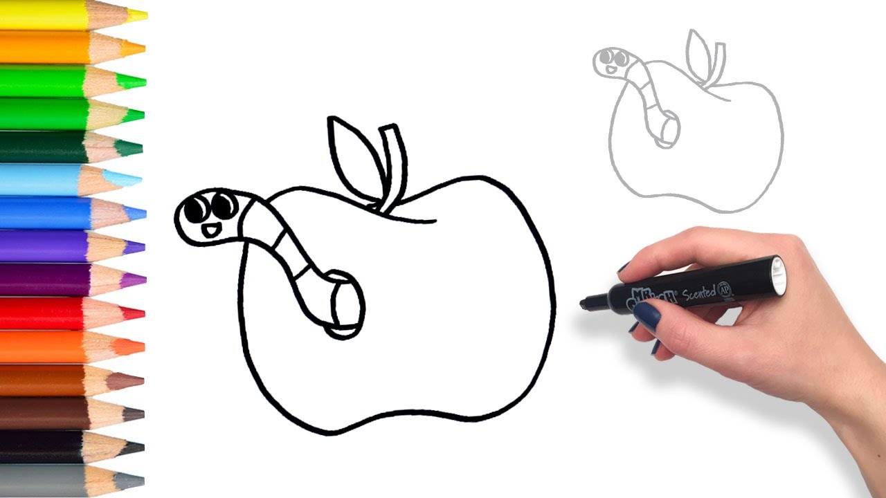 Learn How to Draw Worm Apple | Teach Drawing for Kids and Toddlers Coloring Page Video