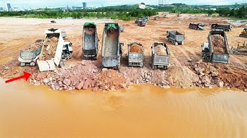 Wonderful Trucks Operation Unloading Stones Dirt Level Up Huge Land Fill Process Spending Long Days