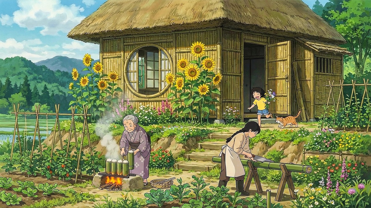 Building a Bamboo House from Scratch 🎋 Harvesting, Roofing & Making Furniture | Ghibli-Style ASMR