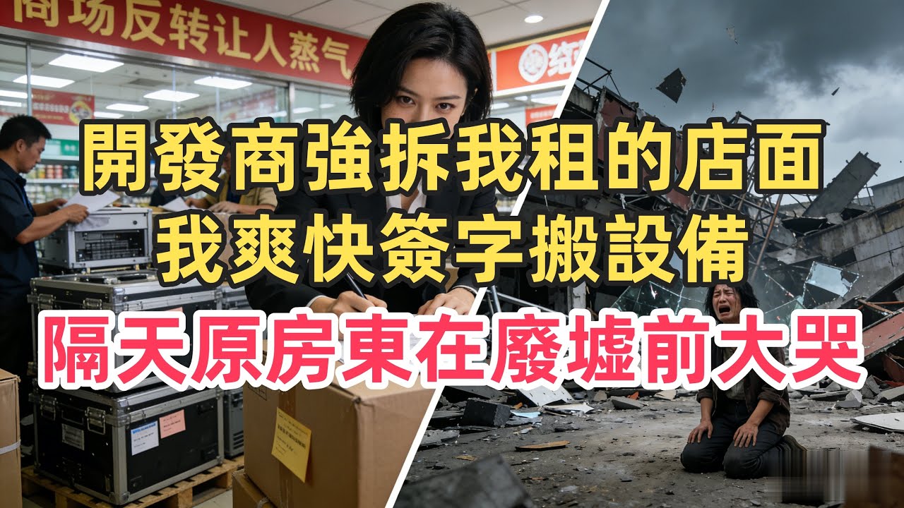開發商強拆我租的店面，我爽快簽字搬設備，隔天原房東在廢墟前大哭！