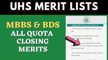 UHS All Quota Wise MBBS & BDS Seats Closing Merits 2021 | UHS Selection Merit List Medical Colleges