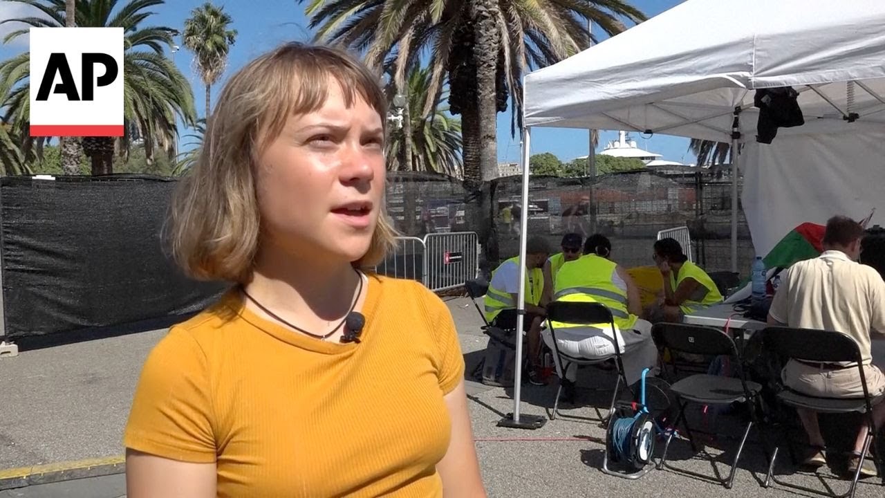 Greta Thunberg speaks before departure of flotilla carrying aid to Gaza