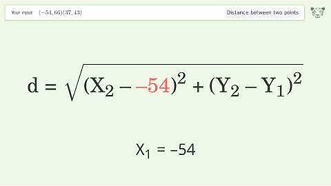 Find the distance between two points p1 (-54,66) and p2 (37,43): Step-by-Step Video Solution