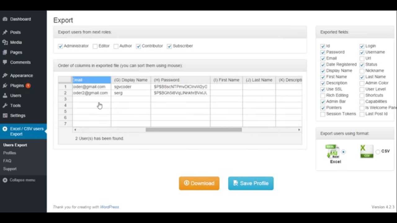 Export users. WORDPRESS загрузка товаров CSV. Export xls. Плагин Export Import from excel Revit. Simple CSV/xls Exporter.