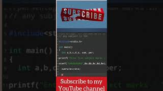 C program to input marks of five subjects and find percentage || C language programming || #shorts
