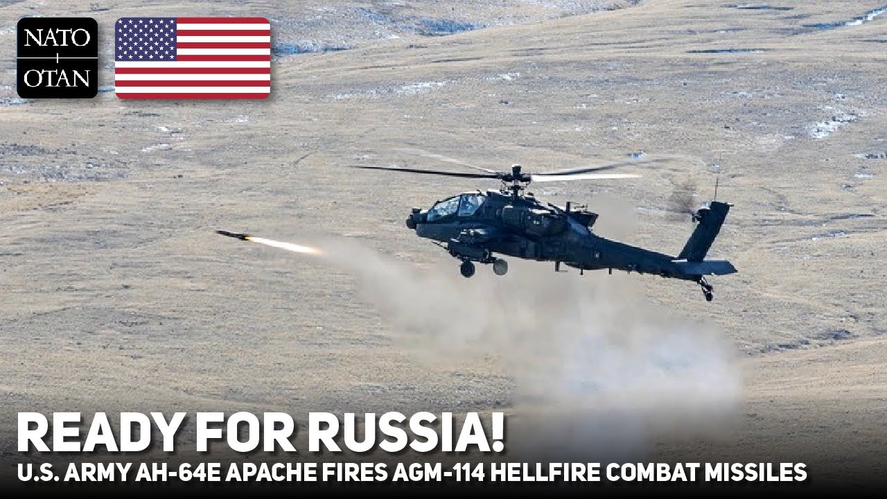 Gotov k Rossii! Armiya SSHA AH-64E Apache zapuskayet moshchnyye rakety AGM 114 Hellfire