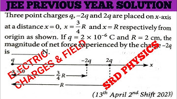 Three point charges q,-2q and 2q are placed on x-axis at a distance x=0,x=3R/4 and .........JEE 2023