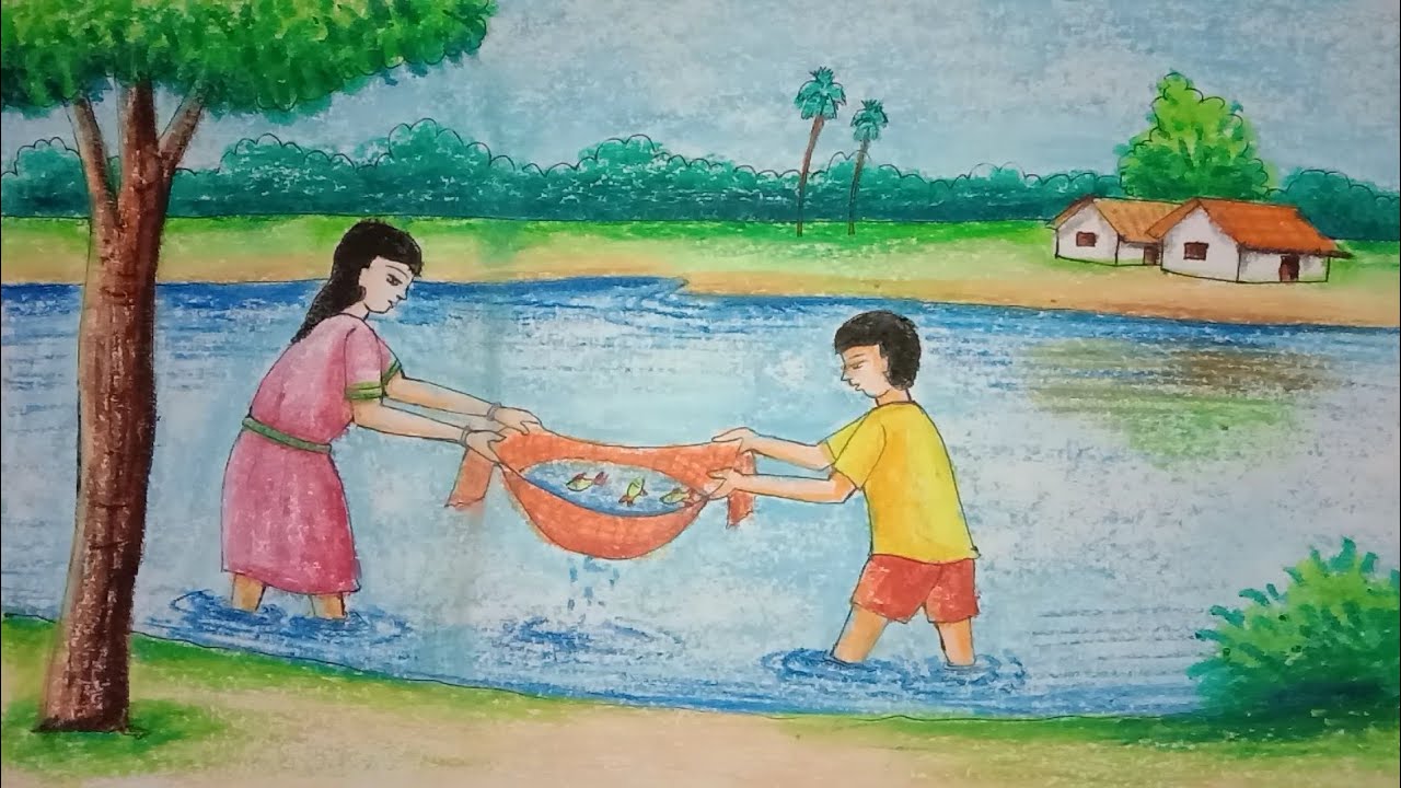 Fishing drawing step by step easy Beautiful scenery drawing for kids Ankanalay YouTube