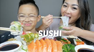 SUSHI Salmon Sashimi, Rainbow Roll, Dragon Roll, Spicy Tuna & Salmon Cone Mukbang | N.E Let's Eat