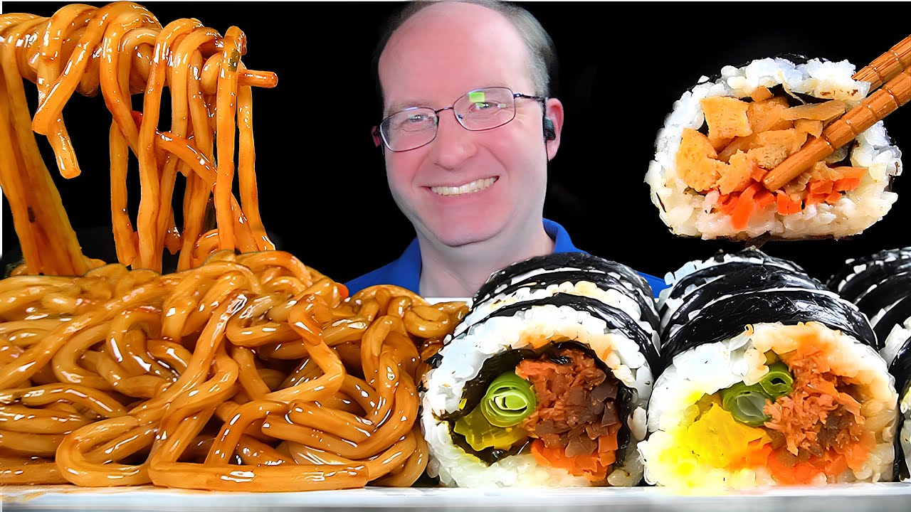 ASMR BLACK BEAN NOODLES & KIMBAP MUKBANG EATING SOUNDS