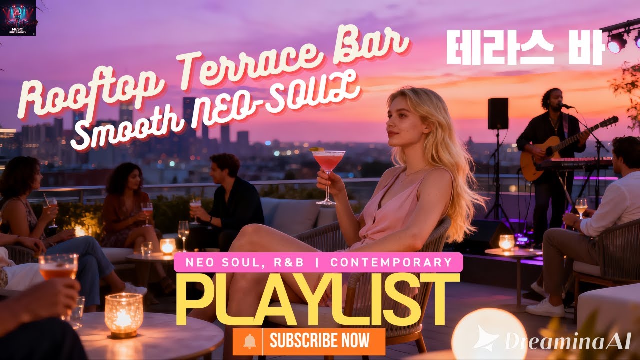 A sunset filled with shades of purple, a rooftop terrace bar, and cocktails.