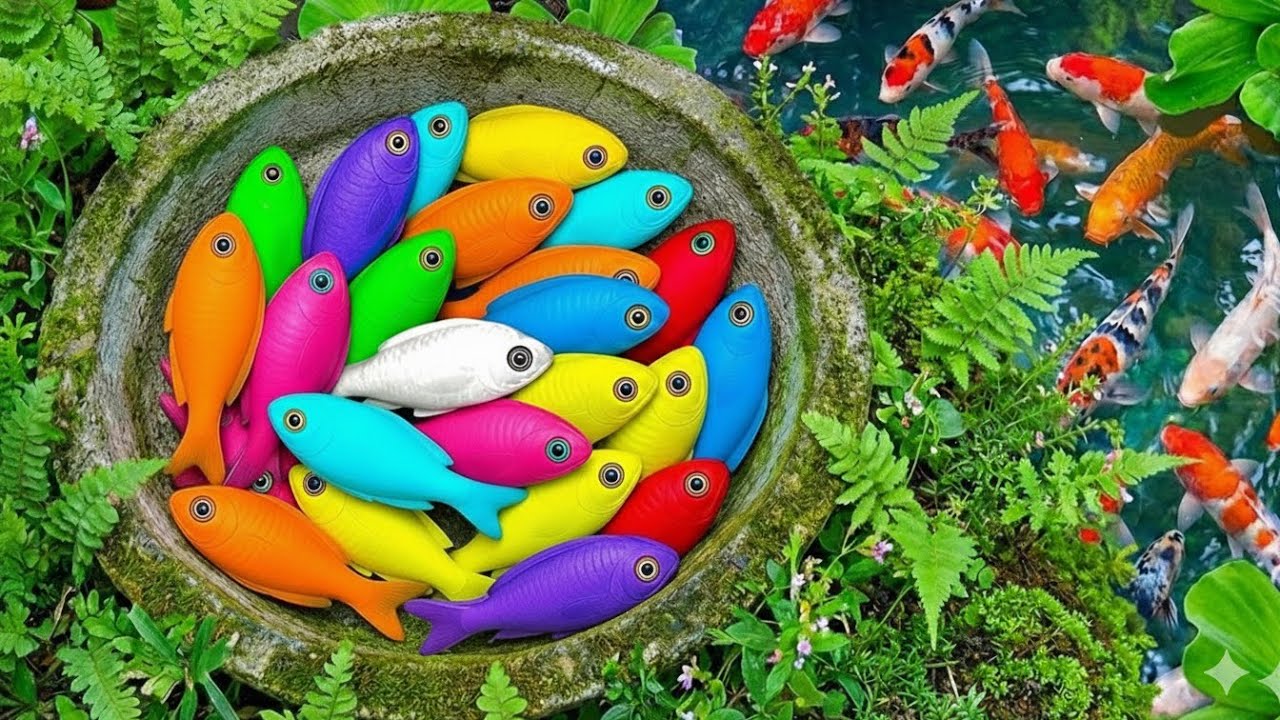 Catch beautiful ornamental fish in a small pond: koi, perch, oranda, betta, guppies, eels.