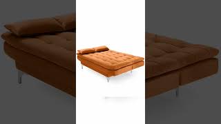 AMATA Eagle Solid Wood 3 Seater Sofa Cum Bed Orange Suede Velvet Fabric with Two Cushions