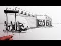 How to Draw a Building in 1-Point Perspective: Draw a Gas Station